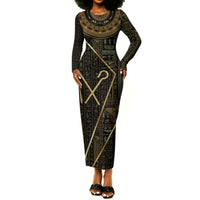 Egypt Crook And Flail Long Sleeve Bodycon Dress Ancient Mythology Pharaoh Royalty Gold
