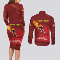 Personalized Spain Cycling Couples Matching Long Sleeve Bodycon Dress and Long Sleeve Button Shirt You Don't Stop Cycling When You Get Old - Wonder Print Shop