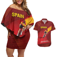 Personalized Spain Cycling Couples Matching Off Shoulder Short Dress and Hawaiian Shirt You Don't Stop Cycling When You Get Old - Wonder Print Shop