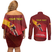 Personalized Spain Cycling Couples Matching Off Shoulder Short Dress and Long Sleeve Button Shirt You Don't Stop Cycling When You Get Old - Wonder Print Shop