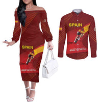 Personalized Spain Cycling Couples Matching Off The Shoulder Long Sleeve Dress and Long Sleeve Button Shirt You Don't Stop Cycling When You Get Old - Wonder Print Shop