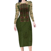 Personalized Ukraine Vyshyvanka Motif Long Sleeve Bodycon Dress Ukrainian Military Style - Wonder Print Shop