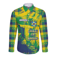 Custom Brazil Football Long Sleeve Button Shirt Rumo Ao Hexa Grunge Style