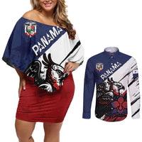 Personalized Panama Couples Matching Off Shoulder Short Dress and Long Sleeve Button Shirt Harpy Eagle Bird Grunge Style