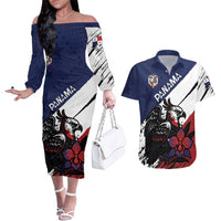 Personalized Panama Couples Matching Off The Shoulder Long Sleeve Dress and Hawaiian Shirt Harpy Eagle Bird Grunge Style