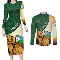 Personalized Djibouti Couples Matching Long Sleeve Bodycon Dress and Long Sleeve Button Shirt Camel Holding Jabuuti Flag