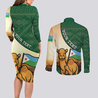 Personalized Djibouti Couples Matching Long Sleeve Bodycon Dress and Long Sleeve Button Shirt Camel Holding Jabuuti Flag
