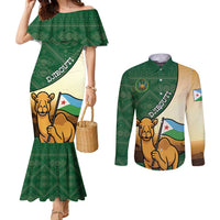 Personalized Djibouti Couples Matching Mermaid Dress and Long Sleeve Button Shirt Camel Holding Jabuuti Flag