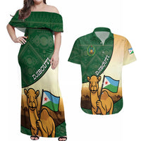Personalized Djibouti Couples Matching Off Shoulder Maxi Dress and Hawaiian Shirt Camel Holding Jabuuti Flag
