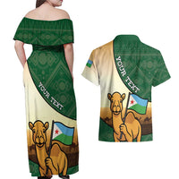 Personalized Djibouti Couples Matching Off Shoulder Maxi Dress and Hawaiian Shirt Camel Holding Jabuuti Flag
