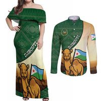 Personalized Djibouti Couples Matching Off Shoulder Maxi Dress and Long Sleeve Button Shirt Camel Holding Jabuuti Flag