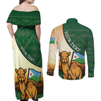 Personalized Djibouti Couples Matching Off Shoulder Maxi Dress and Long Sleeve Button Shirt Camel Holding Jabuuti Flag