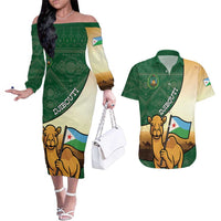 Personalized Djibouti Couples Matching Off The Shoulder Long Sleeve Dress and Hawaiian Shirt Camel Holding Jabuuti Flag