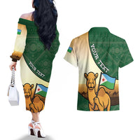 Personalized Djibouti Couples Matching Off The Shoulder Long Sleeve Dress and Hawaiian Shirt Camel Holding Jabuuti Flag