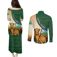 Personalized Djibouti Couples Matching Puletasi and Long Sleeve Button Shirt Camel Holding Jabuuti Flag