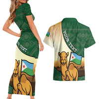 Personalized Djibouti Couples Matching Short Sleeve Bodycon Dress and Hawaiian Shirt Camel Holding Jabuuti Flag