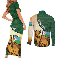 Personalized Djibouti Couples Matching Short Sleeve Bodycon Dress and Long Sleeve Button Shirt Camel Holding Jabuuti Flag