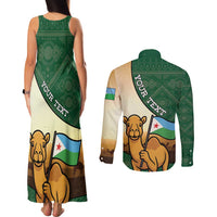 Personalized Djibouti Couples Matching Tank Maxi Dress and Long Sleeve Button Shirt Camel Holding Jabuuti Flag