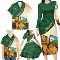 Personalized Djibouti Family Matching Long Sleeve Bodycon Dress and Hawaiian Shirt Camel Holding Jabuuti Flag