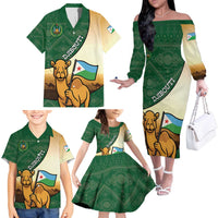 Personalized Djibouti Family Matching Off The Shoulder Long Sleeve Dress and Hawaiian Shirt Camel Holding Jabuuti Flag