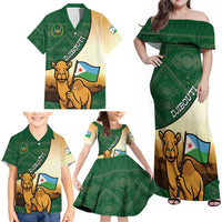 Personalized Djibouti Family Matching Off Shoulder Maxi Dress and Hawaiian Shirt Camel Holding Jabuuti Flag