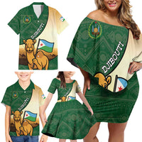 Personalized Djibouti Family Matching Off Shoulder Short Dress and Hawaiian Shirt Camel Holding Jabuuti Flag