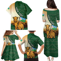Personalized Djibouti Family Matching Puletasi and Hawaiian Shirt Camel Holding Jabuuti Flag