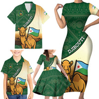 Personalized Djibouti Family Matching Short Sleeve Bodycon Dress and Hawaiian Shirt Camel Holding Jabuuti Flag