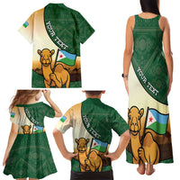 Personalized Djibouti Family Matching Tank Maxi Dress and Hawaiian Shirt Camel Holding Jabuuti Flag