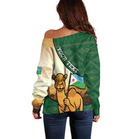 Personalized Djibouti Off Shoulder Sweater Camel Holding Jabuuti Flag