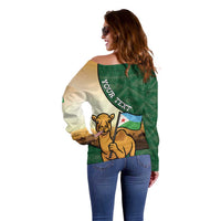Personalized Djibouti Off Shoulder Sweater Camel Holding Jabuuti Flag