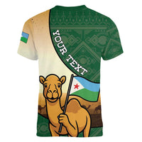 Personalized Djibouti Women V-Neck T-Shirt Camel Holding Jabuuti Flag