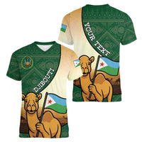 Personalized Djibouti Women V-Neck T-Shirt Camel Holding Jabuuti Flag
