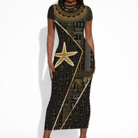 Egypt Seba Short Sleeve Bodycon Dress Ancient Mythology Golden Star Royal