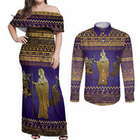 Hera Couples Matching Off Shoulder Maxi Dress and Long Sleeve Button Shirt Goddess With Ancient Greek Pattern - Wonder Print Shop