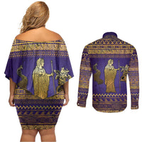 Hera Couples Matching Off Shoulder Short Dress and Long Sleeve Button Shirt Goddess With Ancient Greek Pattern - Wonder Print Shop
