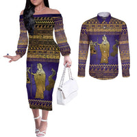 Hera Couples Matching Off The Shoulder Long Sleeve Dress and Long Sleeve Button Shirt Goddess With Ancient Greek Pattern - Wonder Print Shop