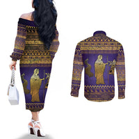 Hera Couples Matching Off The Shoulder Long Sleeve Dress and Long Sleeve Button Shirt Goddess With Ancient Greek Pattern - Wonder Print Shop