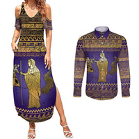 Hera Couples Matching Summer Maxi Dress and Long Sleeve Button Shirt Goddess With Ancient Greek Pattern - Wonder Print Shop