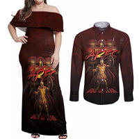 Ancient Greek Ares Couples Matching Off Shoulder Maxi Dress and Long Sleeve Button Shirt God Of War And Courage - Wonder Print Shop