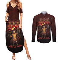 Ancient Greek Ares Couples Matching Summer Maxi Dress and Long Sleeve Button Shirt God Of War And Courage - Wonder Print Shop
