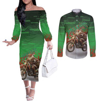 Braaap Christmas Couples Matching Off The Shoulder Long Sleeve Dress and Long Sleeve Button Shirt Motocross Santa - Wonder Print Shop