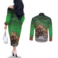 Braaap Christmas Couples Matching Off The Shoulder Long Sleeve Dress and Long Sleeve Button Shirt Motocross Santa - Wonder Print Shop
