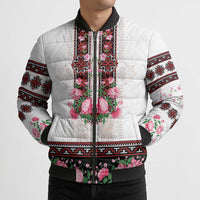 Red Romanian National Costume Bomber Puffer Jacket Peony Flowers Traditional Folk Pattern - Wonder Print Shop