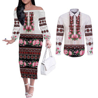 Red Romanian National Costume Couples Matching Off The Shoulder Long Sleeve Dress and Long Sleeve Button Shirt Peony Flowers Traditional Folk Pattern - Wonder Print Shop