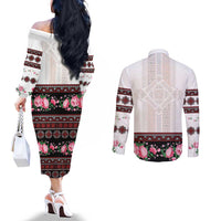 Red Romanian National Costume Couples Matching Off The Shoulder Long Sleeve Dress and Long Sleeve Button Shirt Peony Flowers Traditional Folk Pattern - Wonder Print Shop