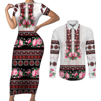 Red Romanian National Costume Couples Matching Short Sleeve Bodycon Dress and Long Sleeve Button Shirt Peony Flowers Traditional Folk Pattern - Wonder Print Shop
