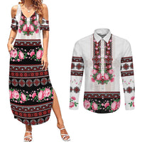Red Romanian National Costume Couples Matching Summer Maxi Dress and Long Sleeve Button Shirt Peony Flowers Traditional Folk Pattern - Wonder Print Shop