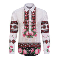 Red Romanian National Costume Long Sleeve Button Shirt Peony Flowers Traditional Folk Pattern - Wonder Print Shop