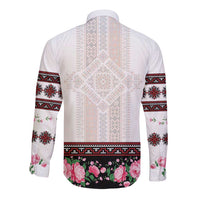 Red Romanian National Costume Long Sleeve Button Shirt Peony Flowers Traditional Folk Pattern - Wonder Print Shop